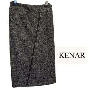 Kenar Straight Midi Knit Skirt with Asymmetrical Zip in Black/Grey Melange Size4